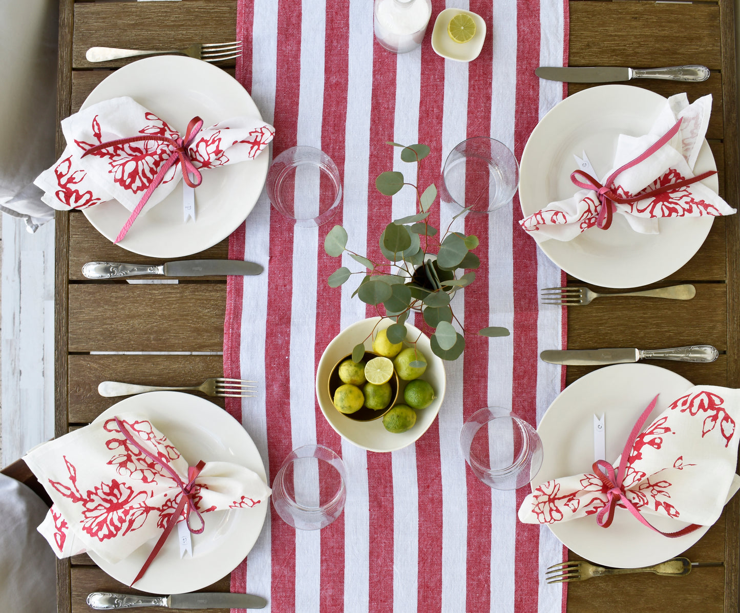 Handprinted Red & White Floral Napkin- Set of 2