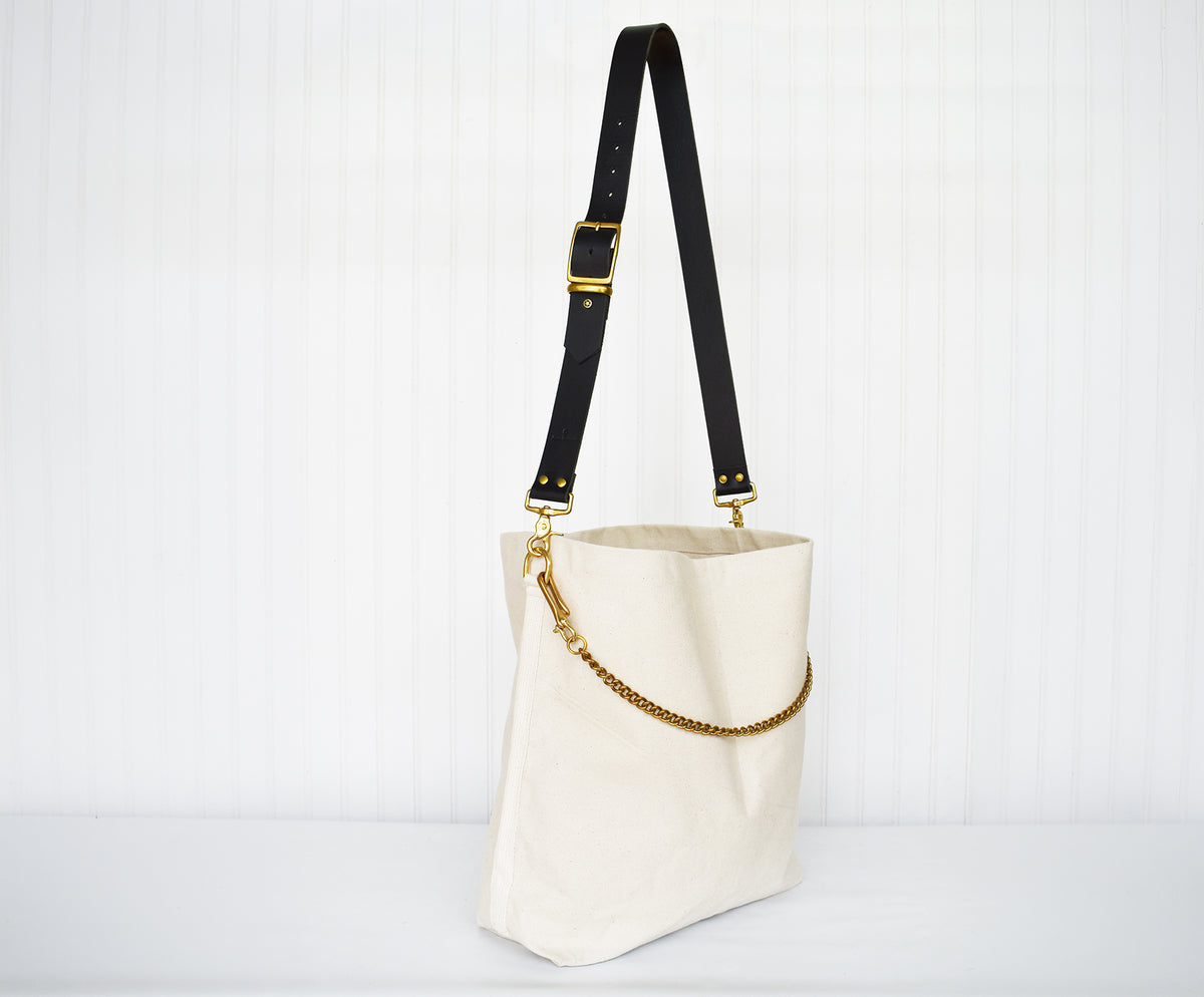 Ivory Canvas Tote Bag with Adjustable Leather Strap