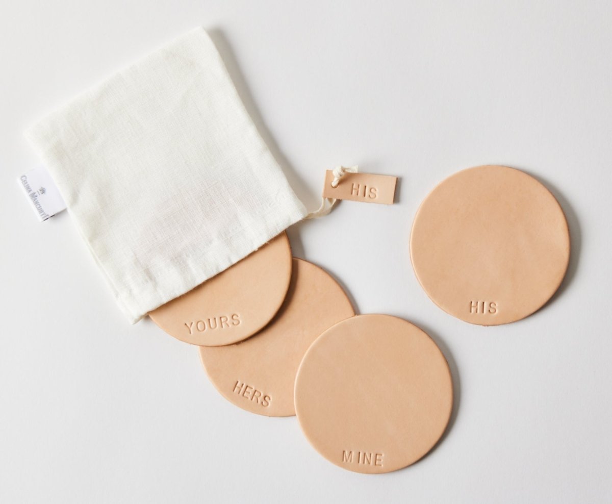 Leather Coasters- HIS-HERS-MINE-YOURS - celina mancurti - coasters - -hand pressed lettering