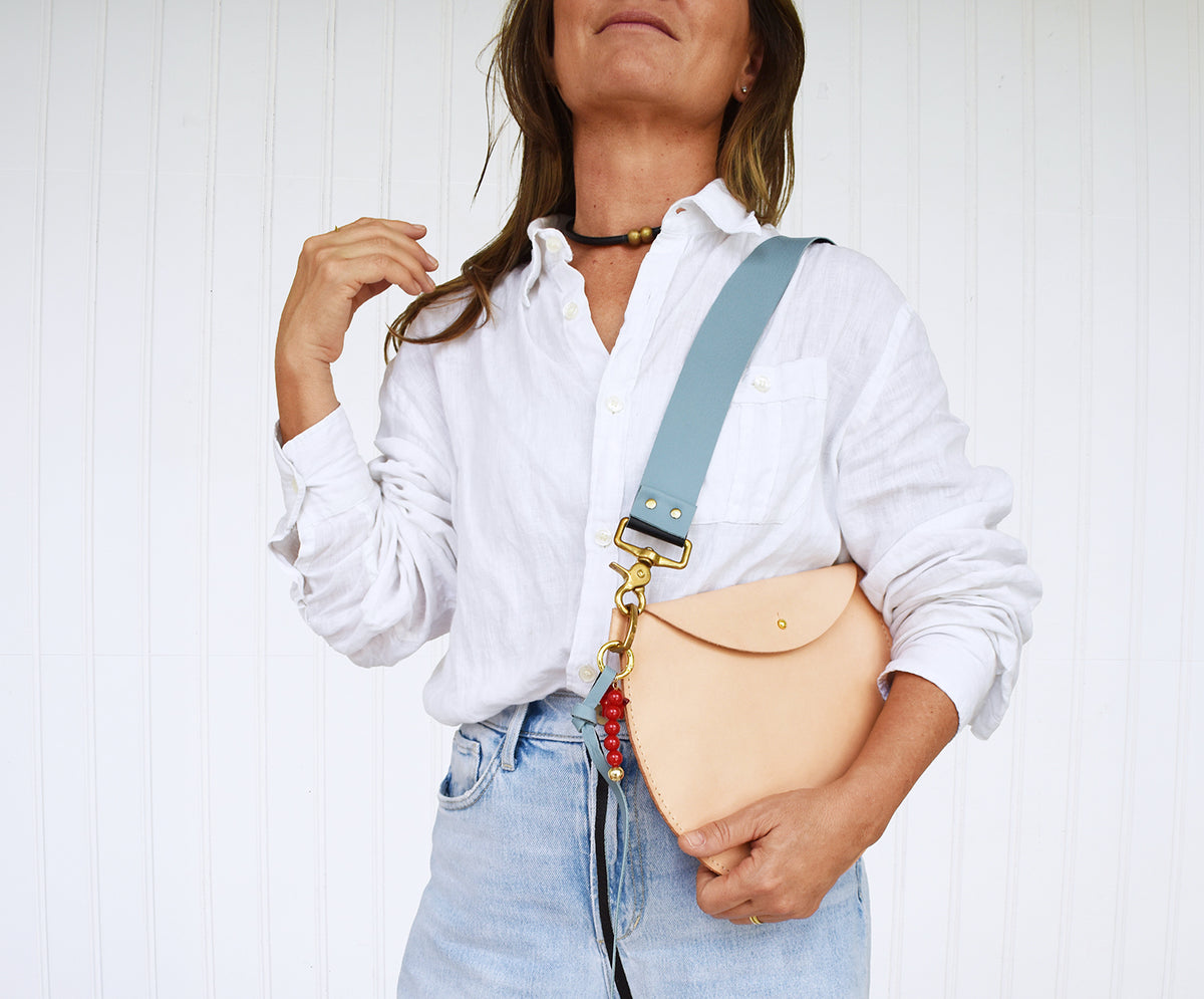 Luna Leather Bag- Light Blue Strap