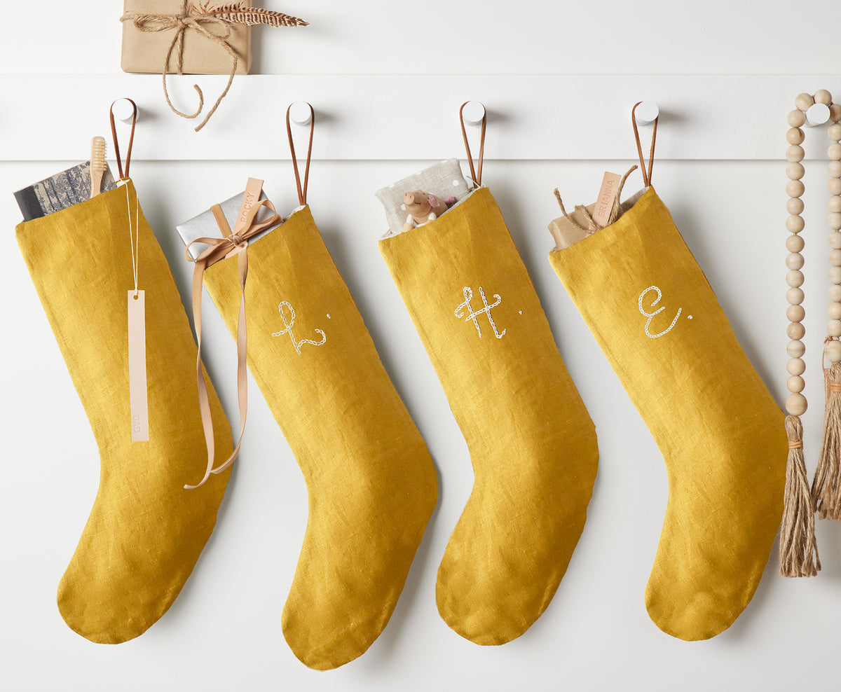 Monogrammed Linen Stocking - Oatmeal, Ivory, Mustard