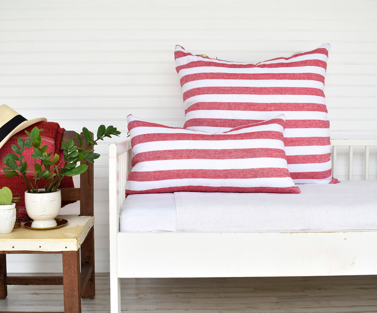 Red & White Stripe Linen Pillow – Coastal Throw Pillow
