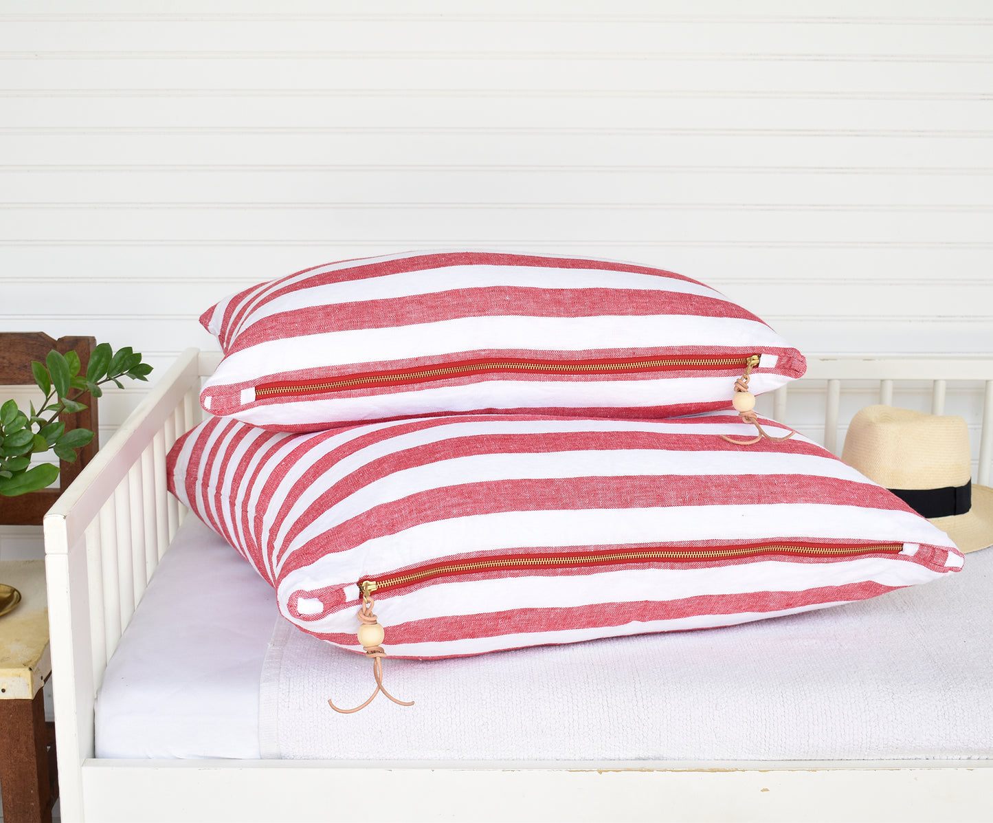 Red & White Stripe Linen Pillow – Coastal Throw Pillow