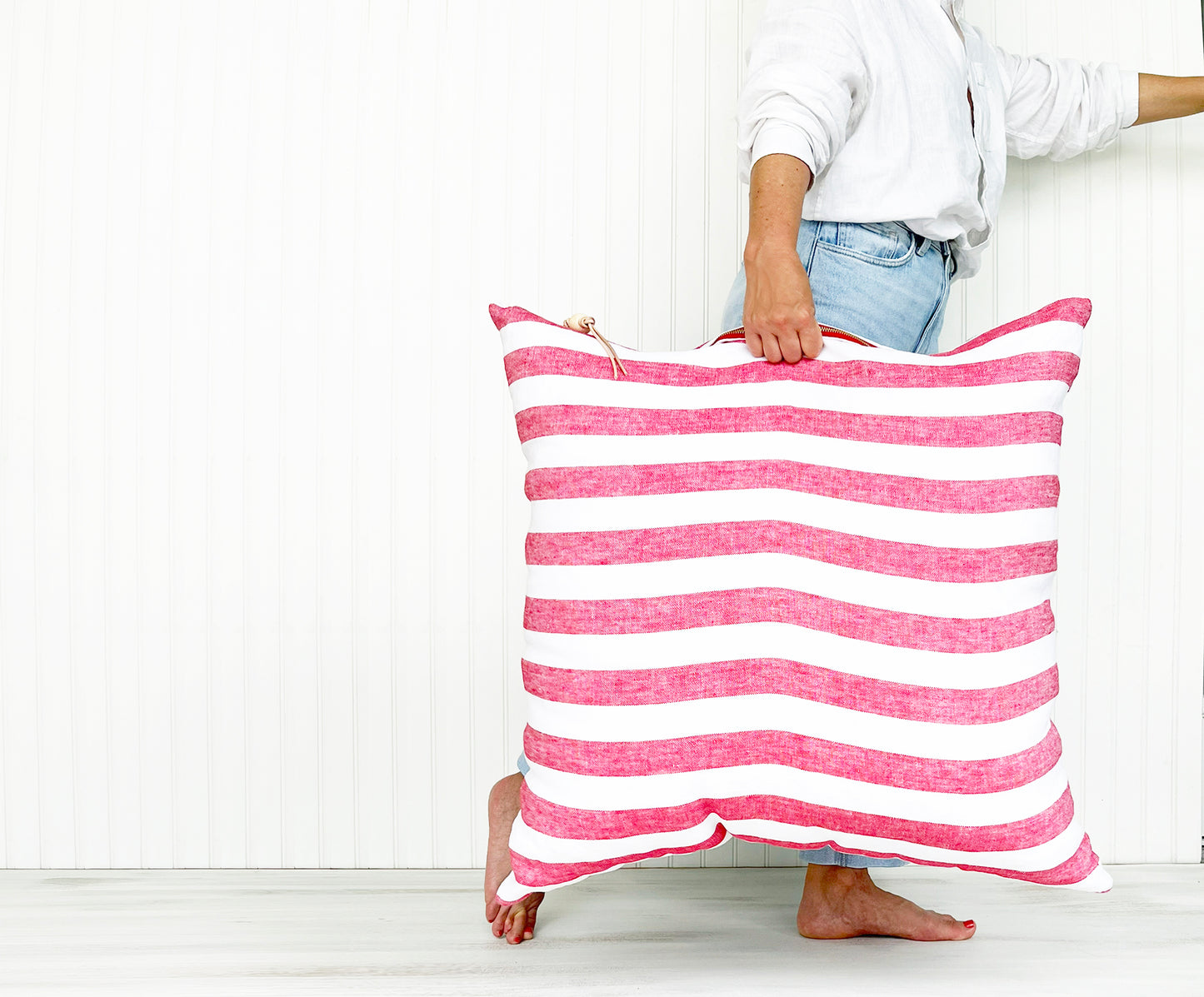 Red & White Stripe Linen Pillow – Coastal Throw Pillow