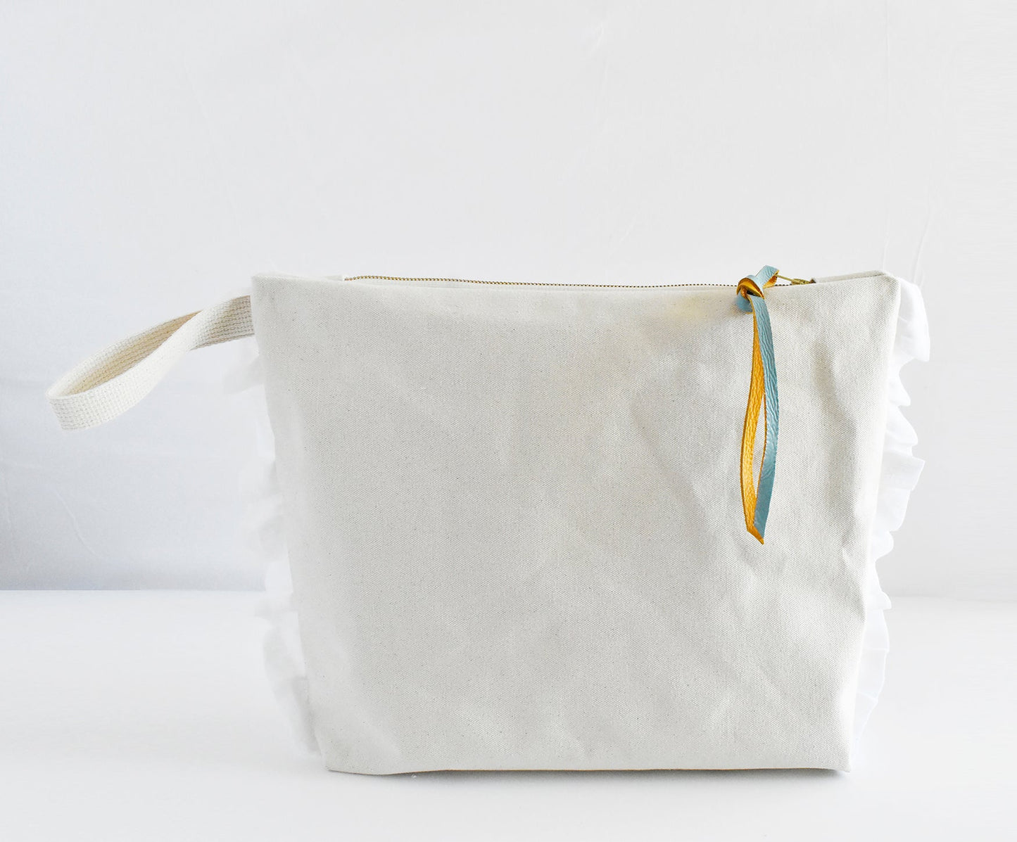 Ruffle Cotton Zipper Pouch- Mustard & Turquoise Leather Pull