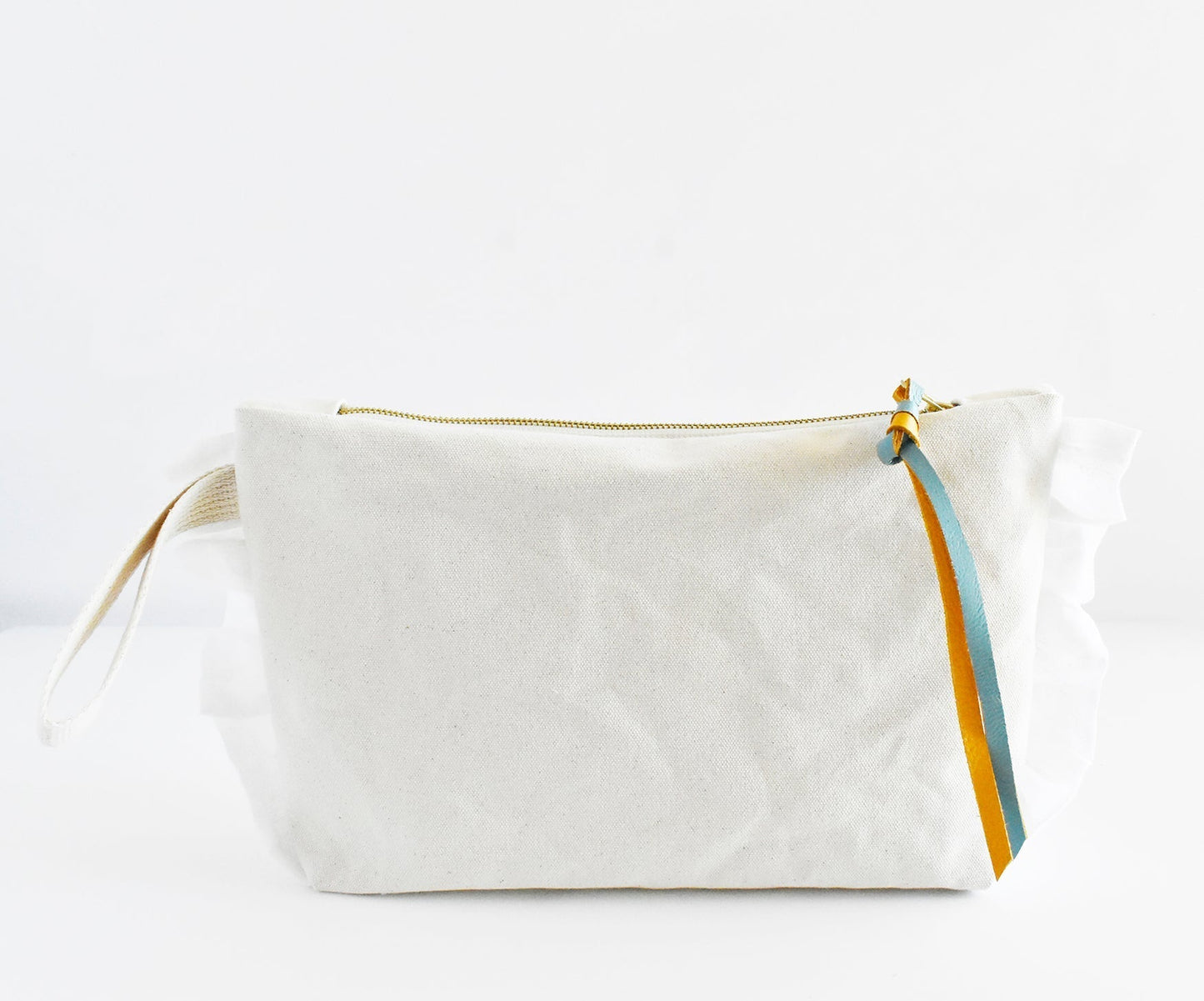 Ruffle Cotton Zipper Pouch- Mustard & Turquoise Leather Pull