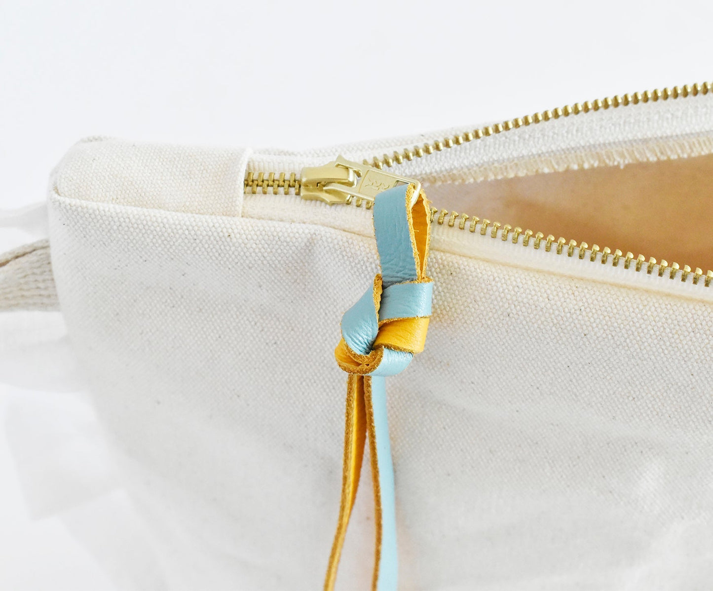 Ruffle Cotton Zipper Pouch- Mustard & Turquoise Leather Pull