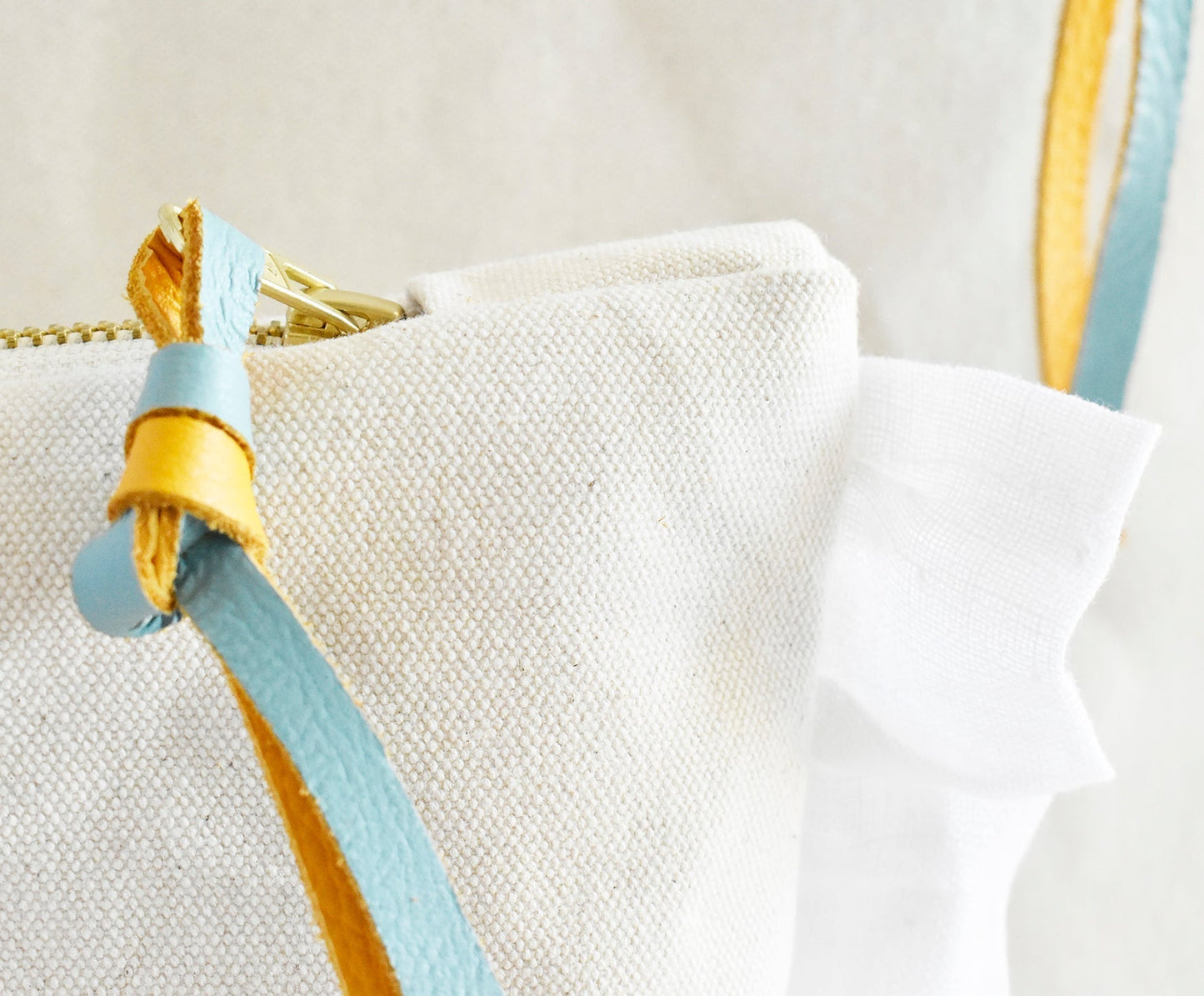 Ruffle Cotton Zipper Pouch- Mustard & Turquoise Leather Pull