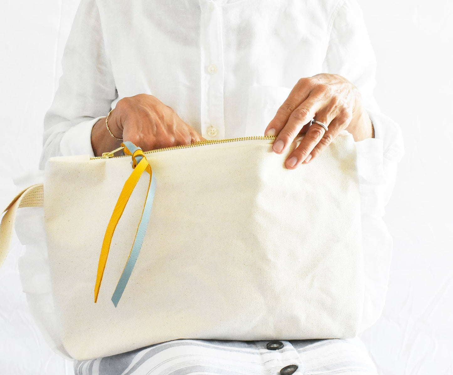 Ruffle Cotton Zipper Pouch- Mustard & Turquoise Leather Pull