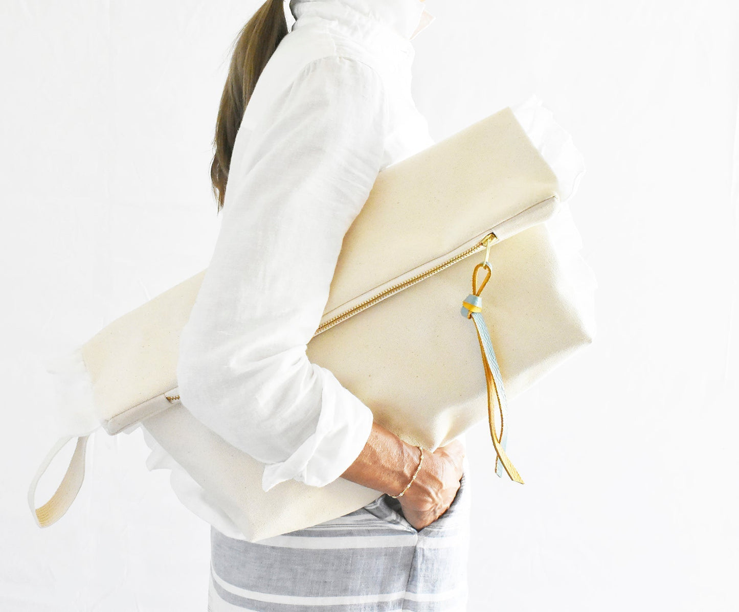 Ruffle Cotton Zipper Pouch- Mustard & Turquoise Leather Pull