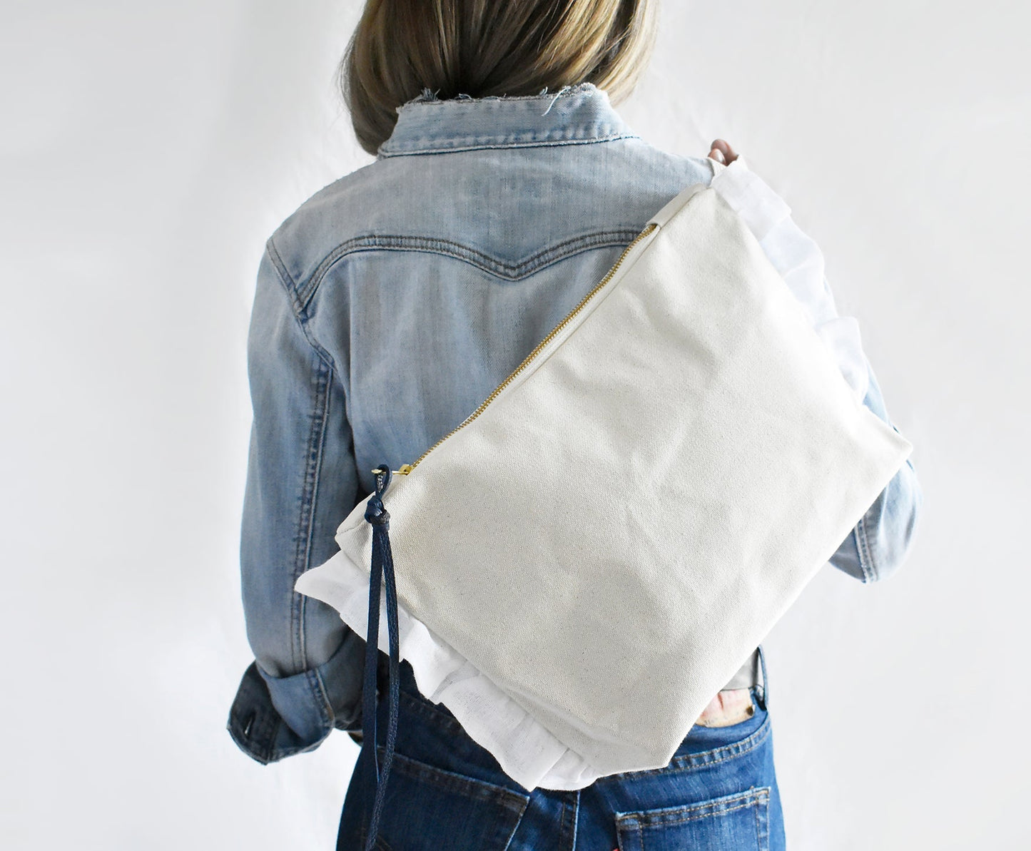 Ruffle Cotton Zipper Pouch- Navy & Black Leather Pull