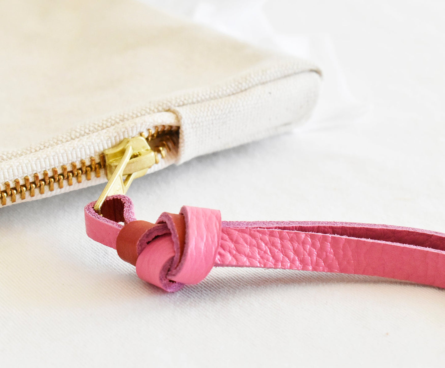 Ruffle Cotton Zipper Pouch- Pink & Red Leather Pull