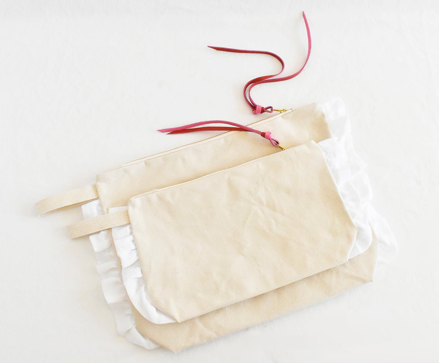 Ruffle Cotton Zipper Pouch- Pink & Red Leather Pull