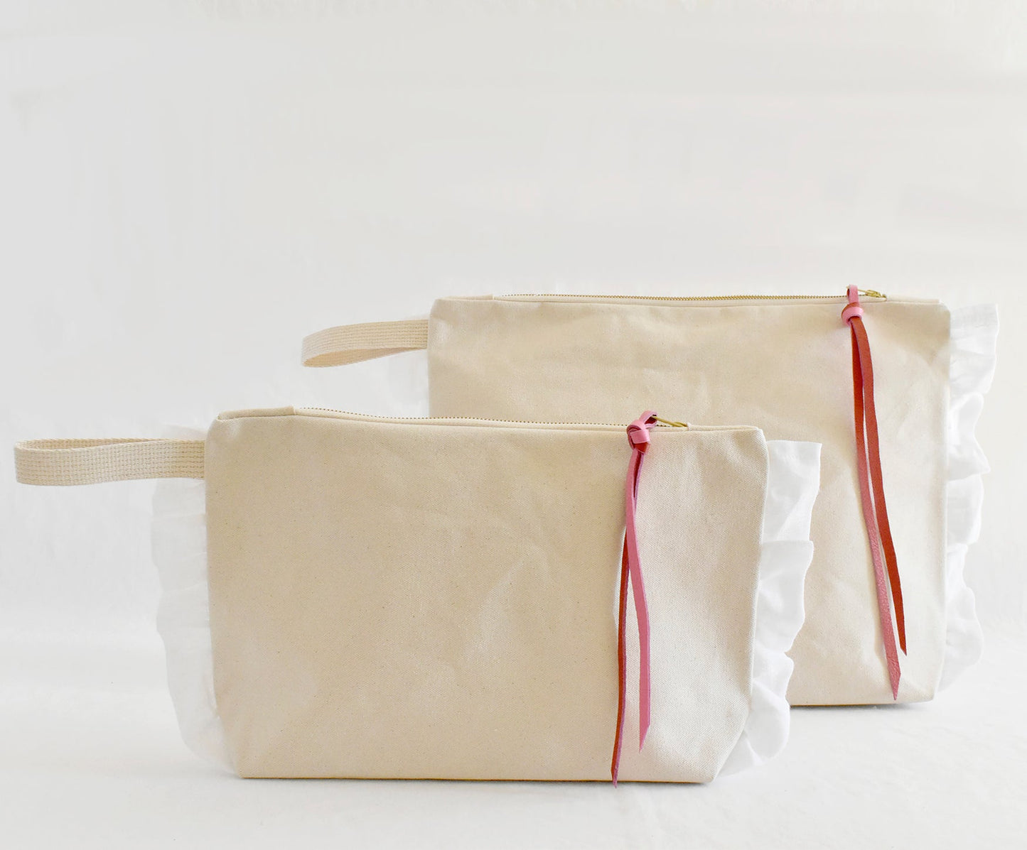 Ruffle Cotton Zipper Pouch- Pink & Red Leather Pull
