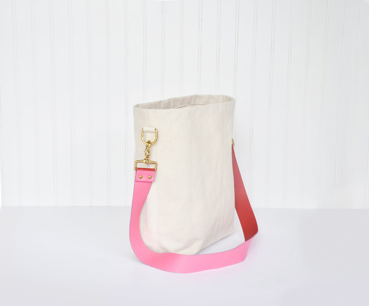 Tote Bag Ivory with Leather Strap - Pink & Red