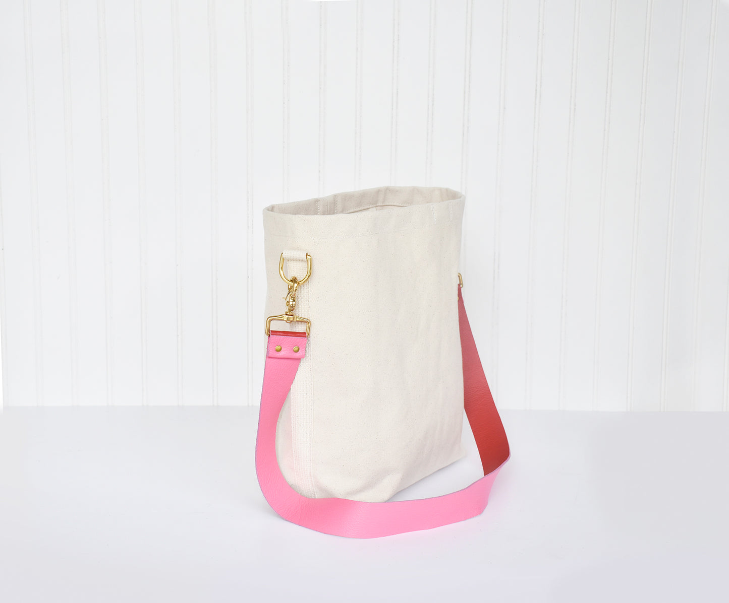 Tote Bag with Leather Strap - Pink & Red