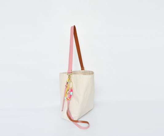 Tote Bag Ivory- Leather Strap Rose/Caramel