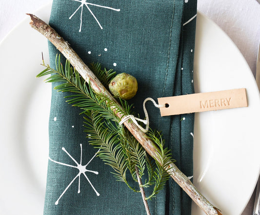 Snowflakes Linen Napkins - Deep green- Set of 2 - celina mancurti - napkins - -Hand Printed