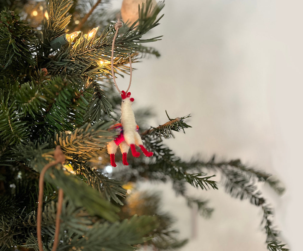 Close-up of a Christmas tree with ornaments and lights, blurred background