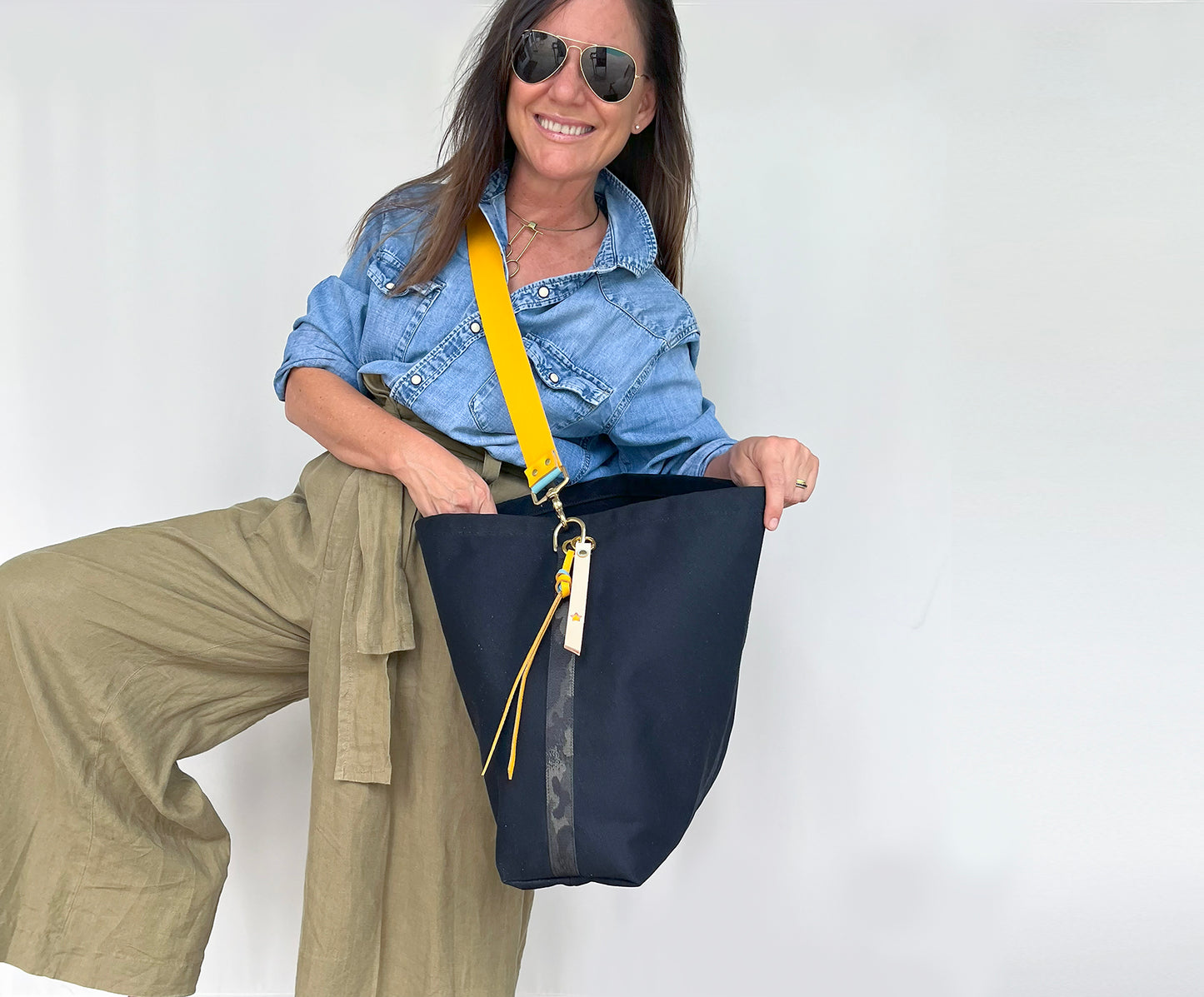 Tote Bag Black- Leather Strap Mustard/Turquoise
