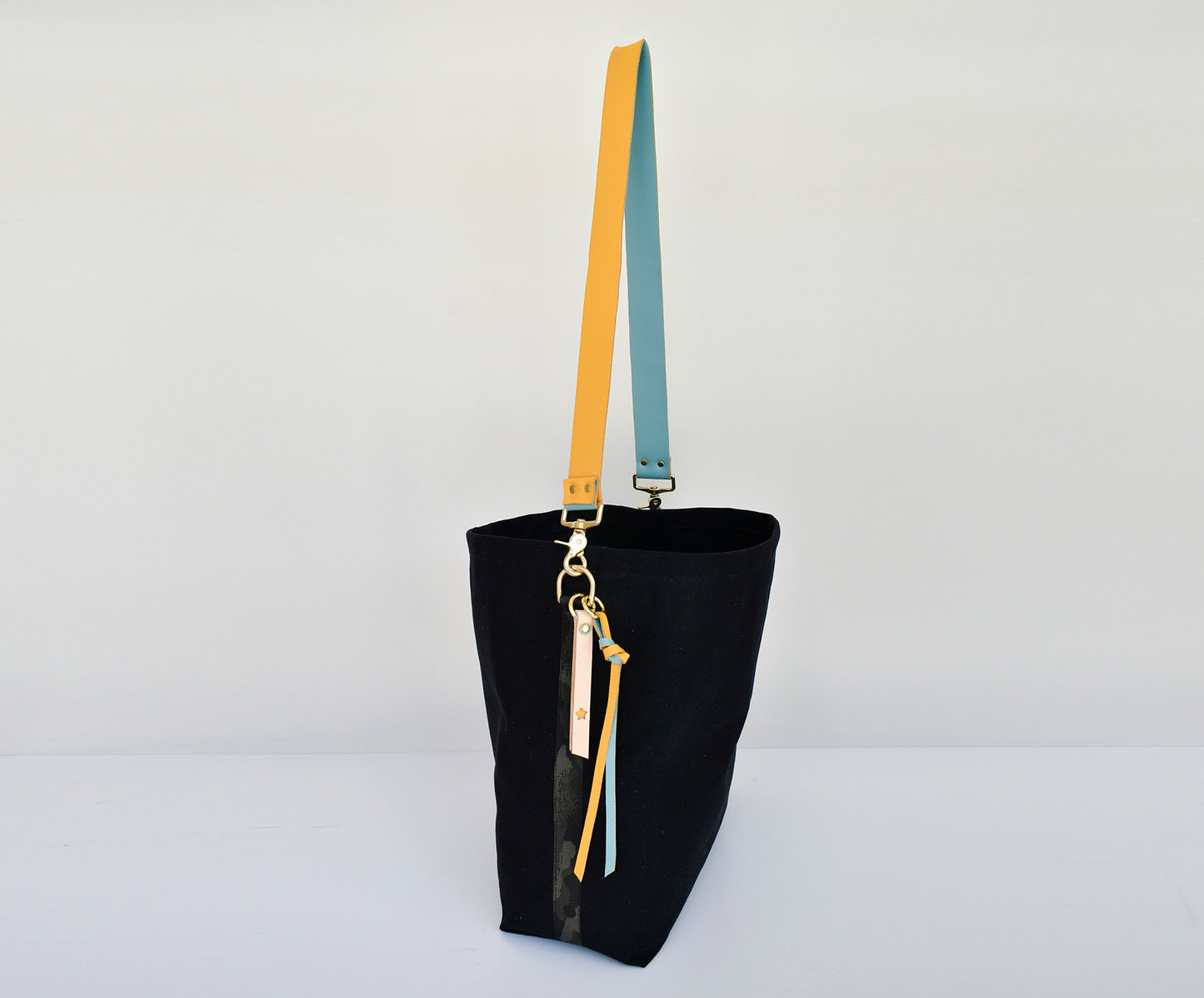 Tote Bag Black- Leather Strap Mustard/Turquoise