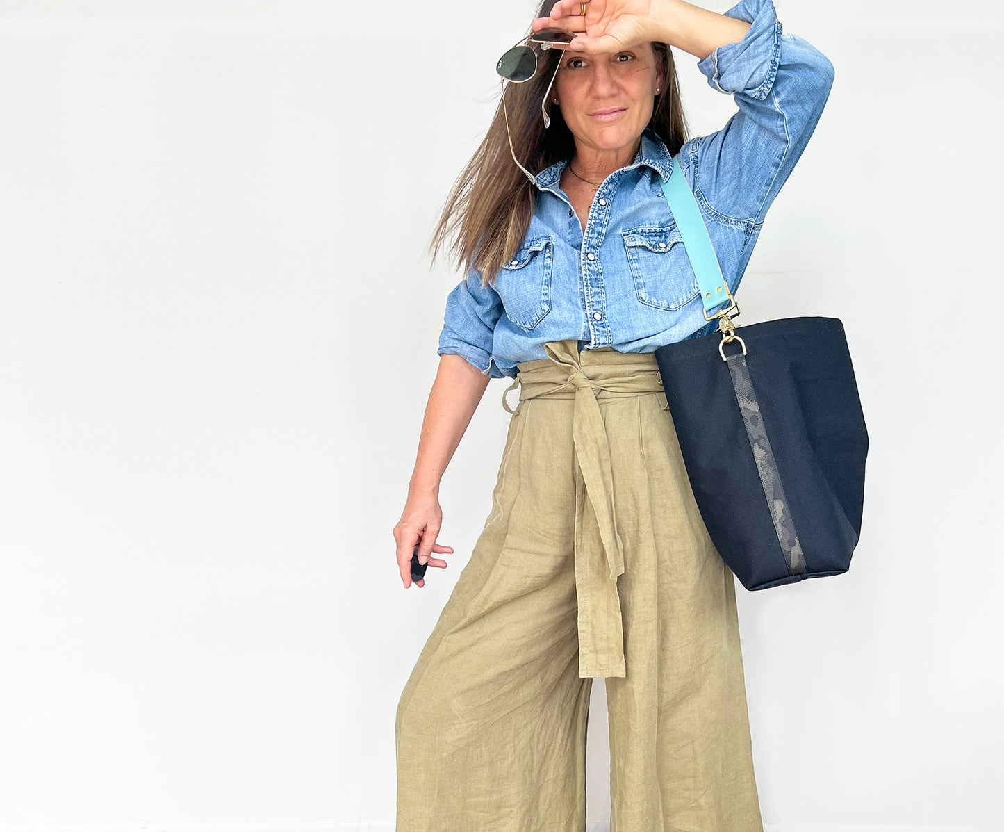 Tote Bag Black- Leather Strap Mustard/Turquoise