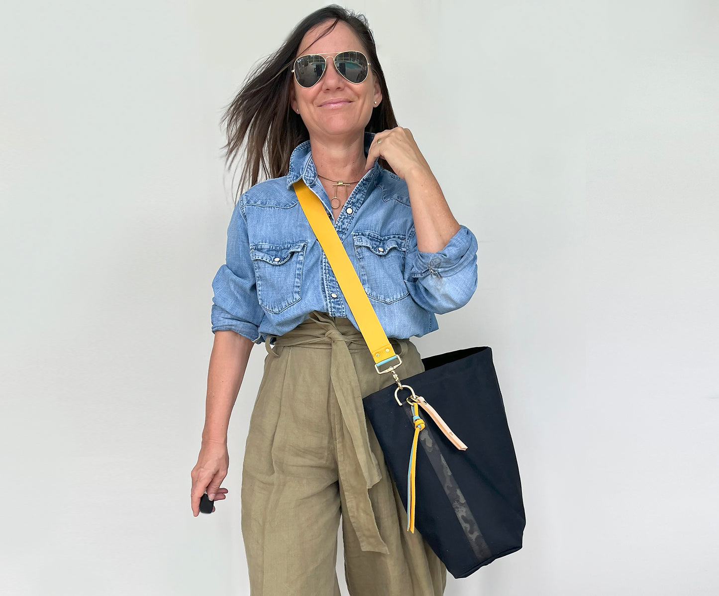 Tote Bag Black- Leather Strap Mustard/Turquoise