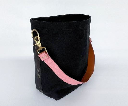Tote Bag Black- Leather Strap Rose/Caramel