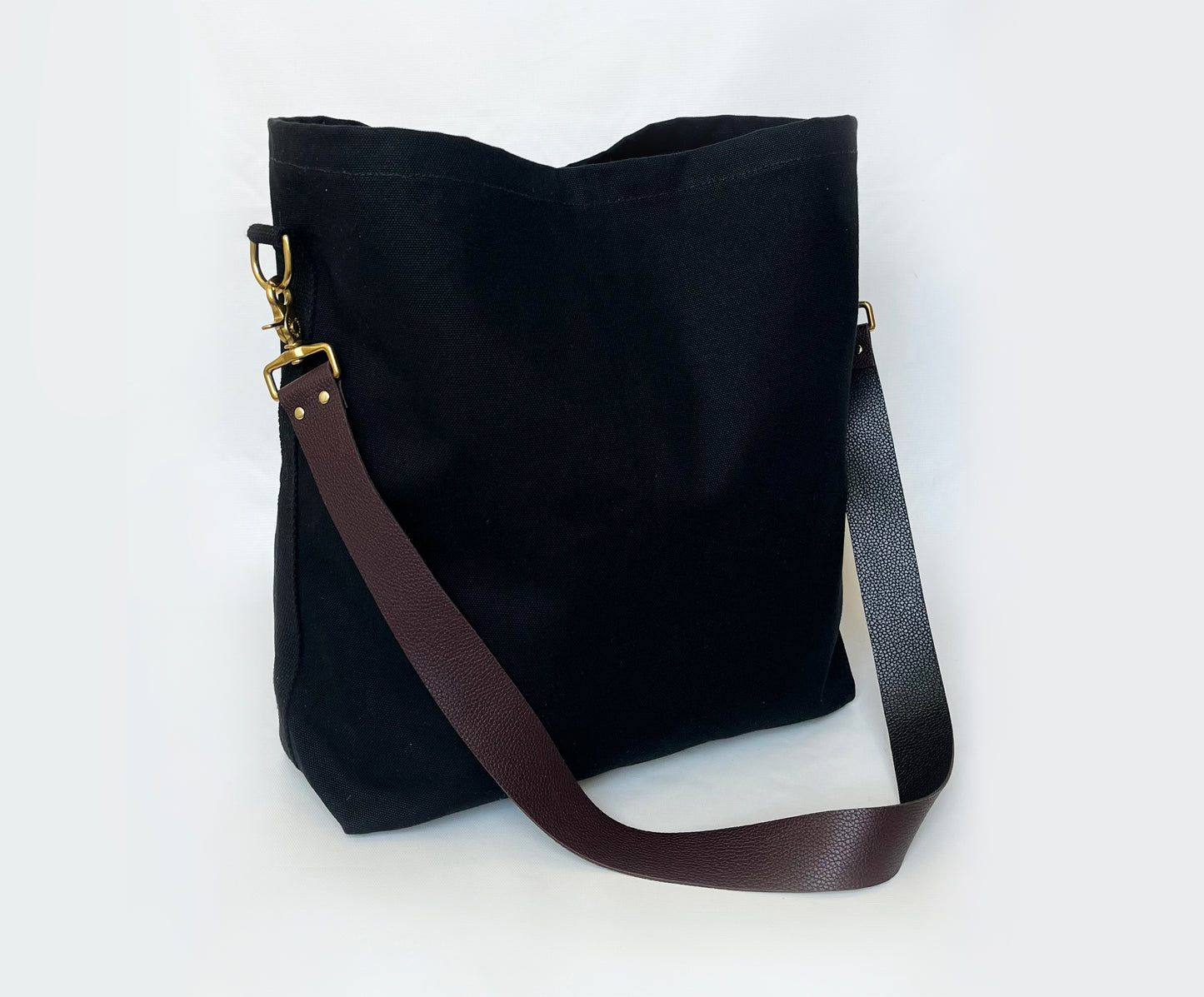 Tote Bag Black with Leather Strap Chocolate