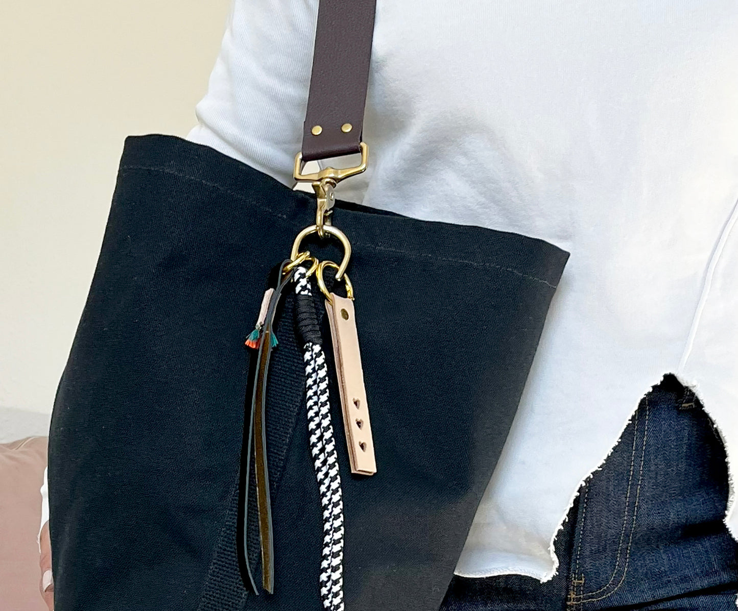 Tote Bag Black with Leather Strap Chocolate