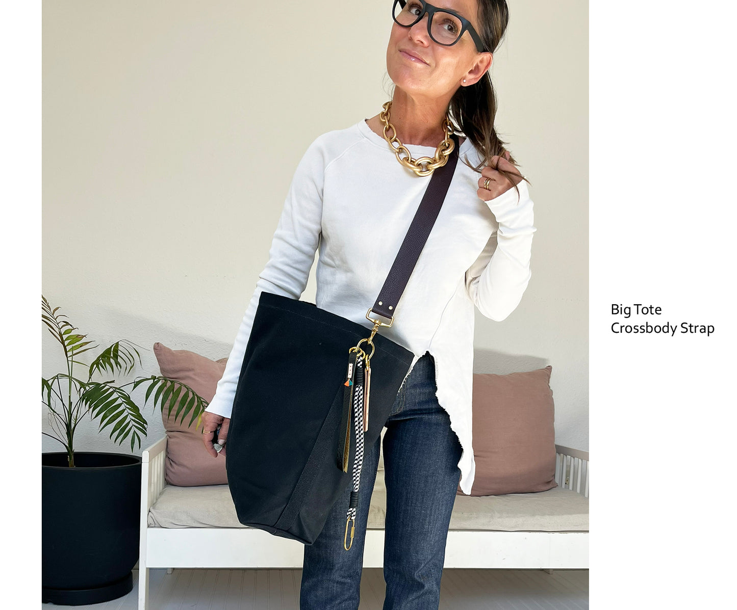 Tote Bag Black with Leather Strap Chocolate
