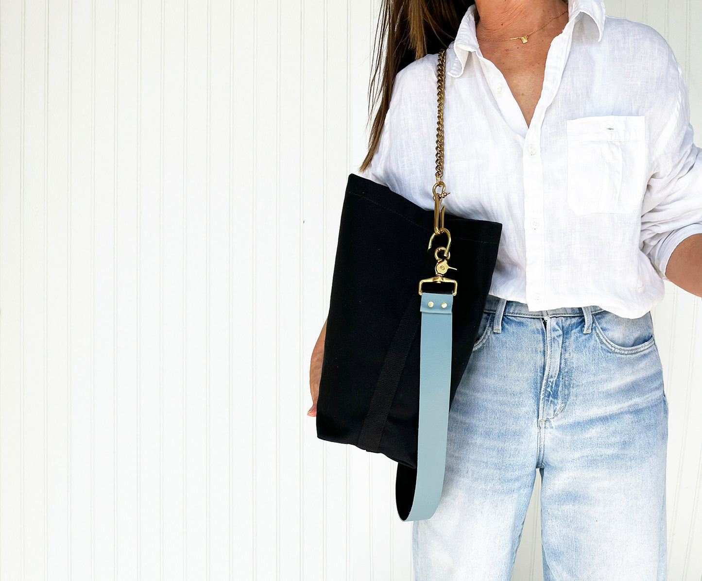 Tote Bag Black with Leather Strap Denim/Black