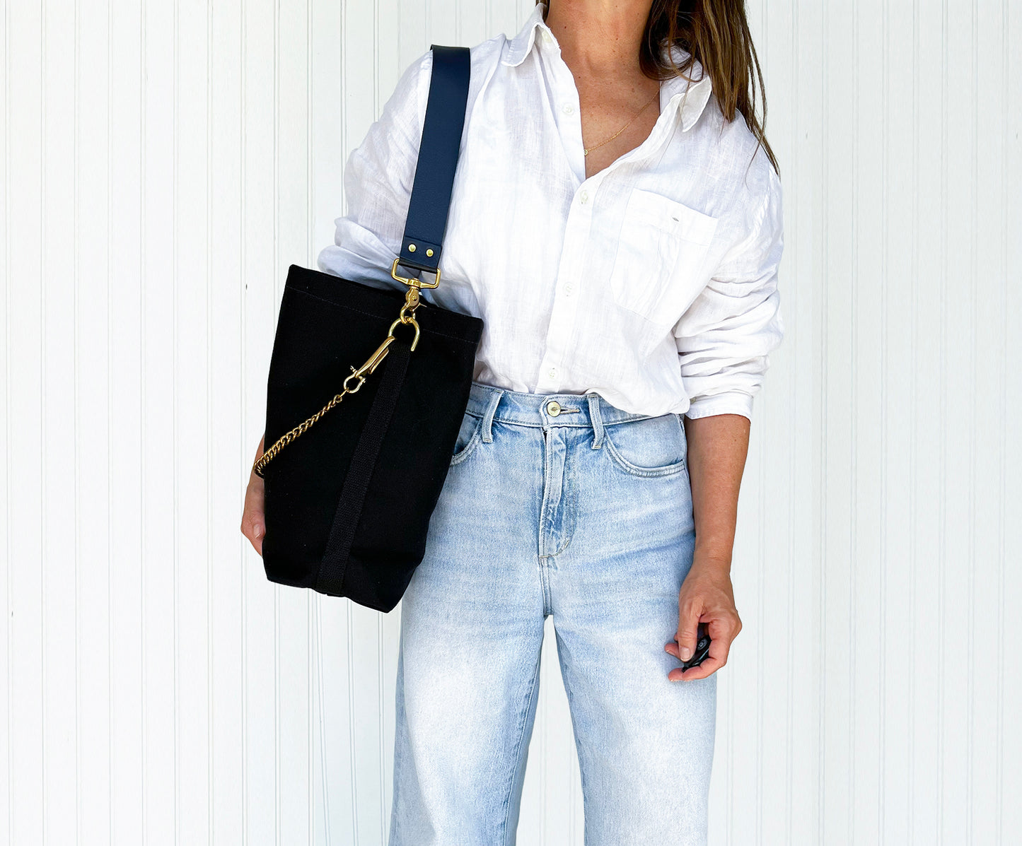 Tote Bag Black with Leather Strap Navy/Black