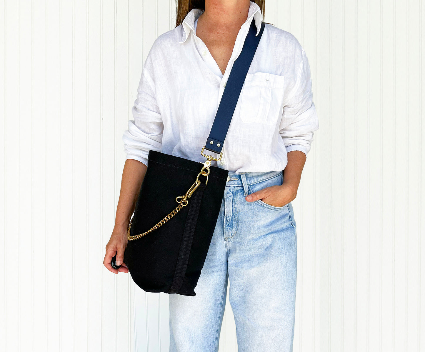 Tote Bag Black with Leather Strap Navy/Black