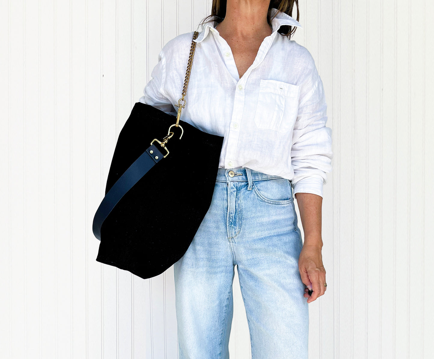 Tote Bag Black with Leather Strap Navy/Black