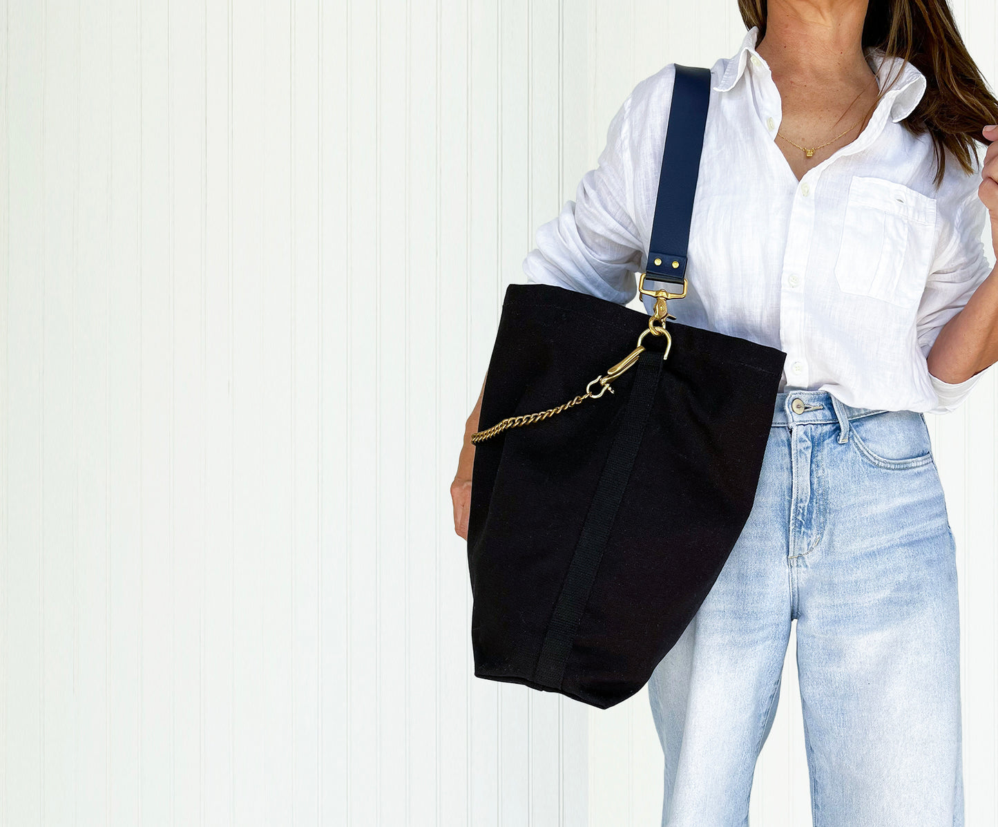 Tote Bag Black with Leather Strap Navy/Black