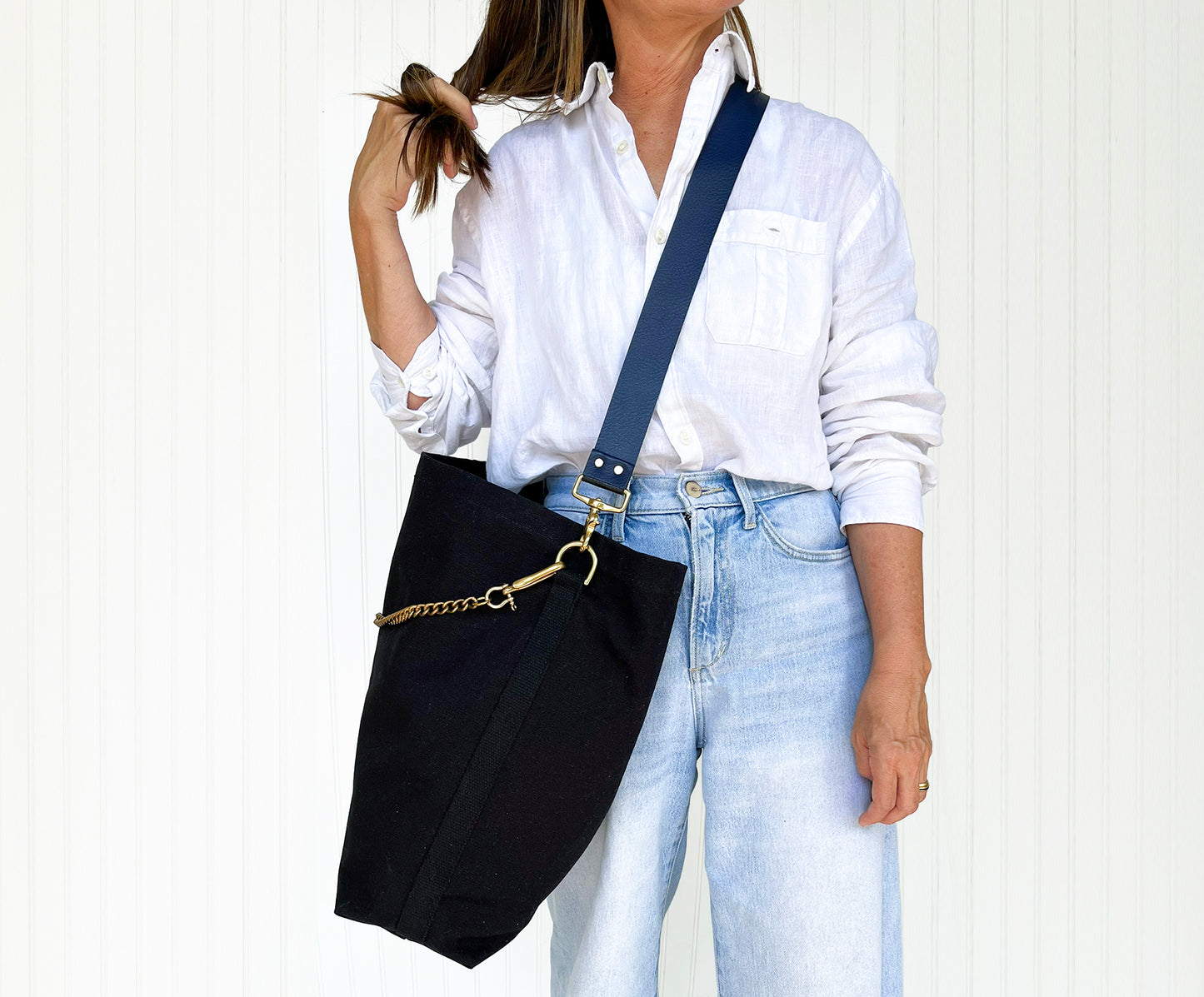 Tote Bag Black with Leather Strap Navy/Black