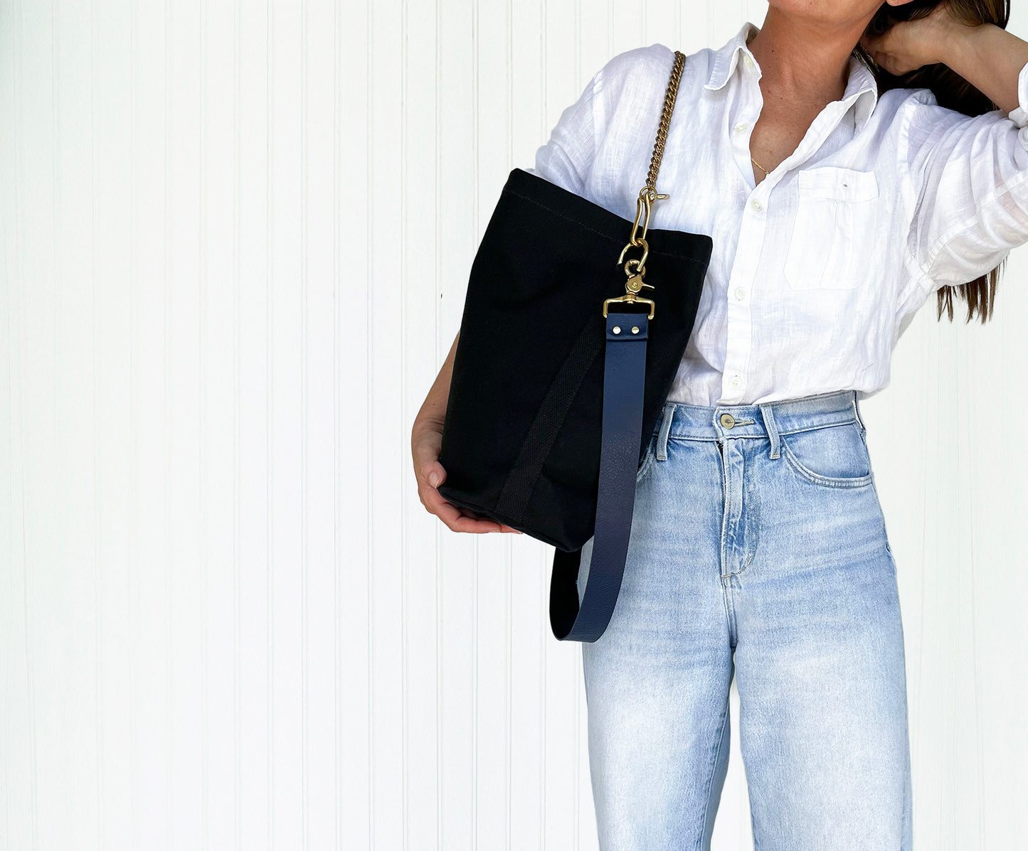 Tote Bag Black with Leather Strap Navy/Black