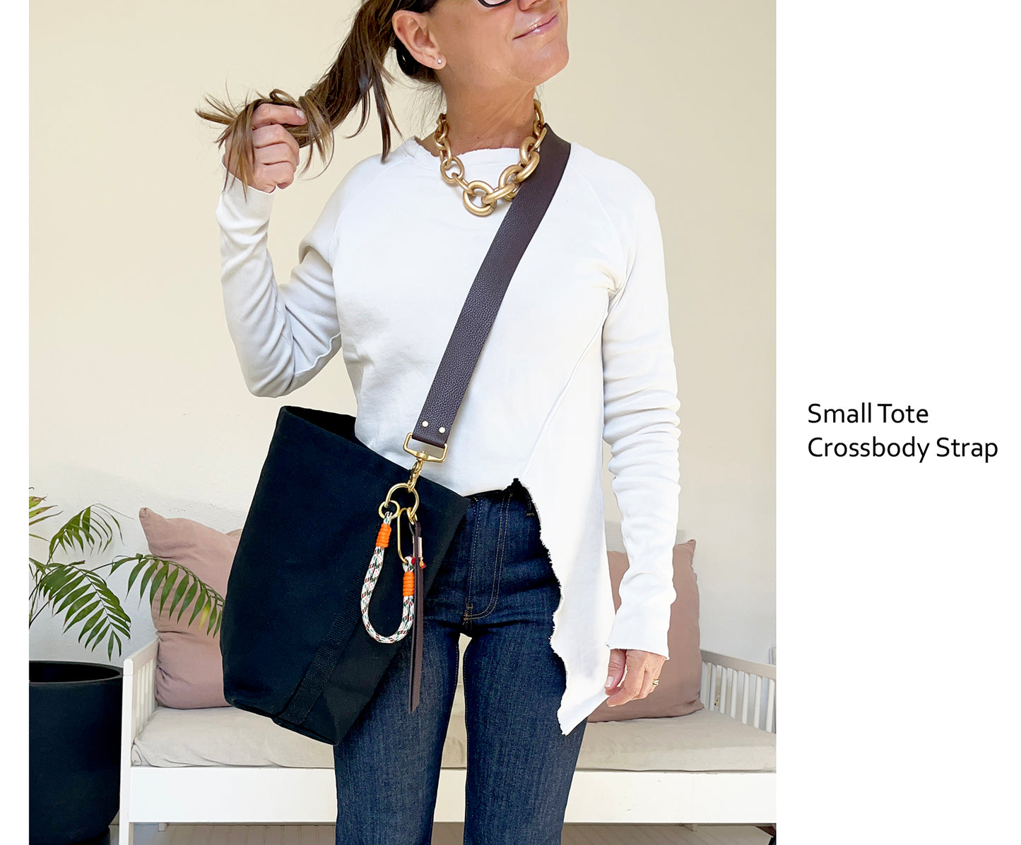 Tote Bag Black with Leather Strap Chocolate