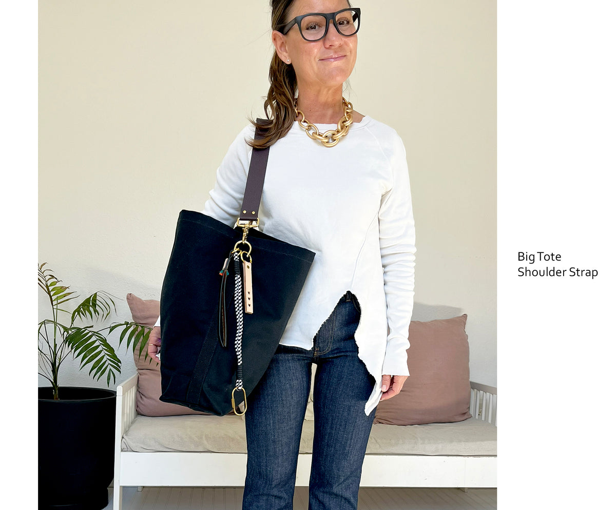 Tote Bag Black with Leather Strap Chocolate