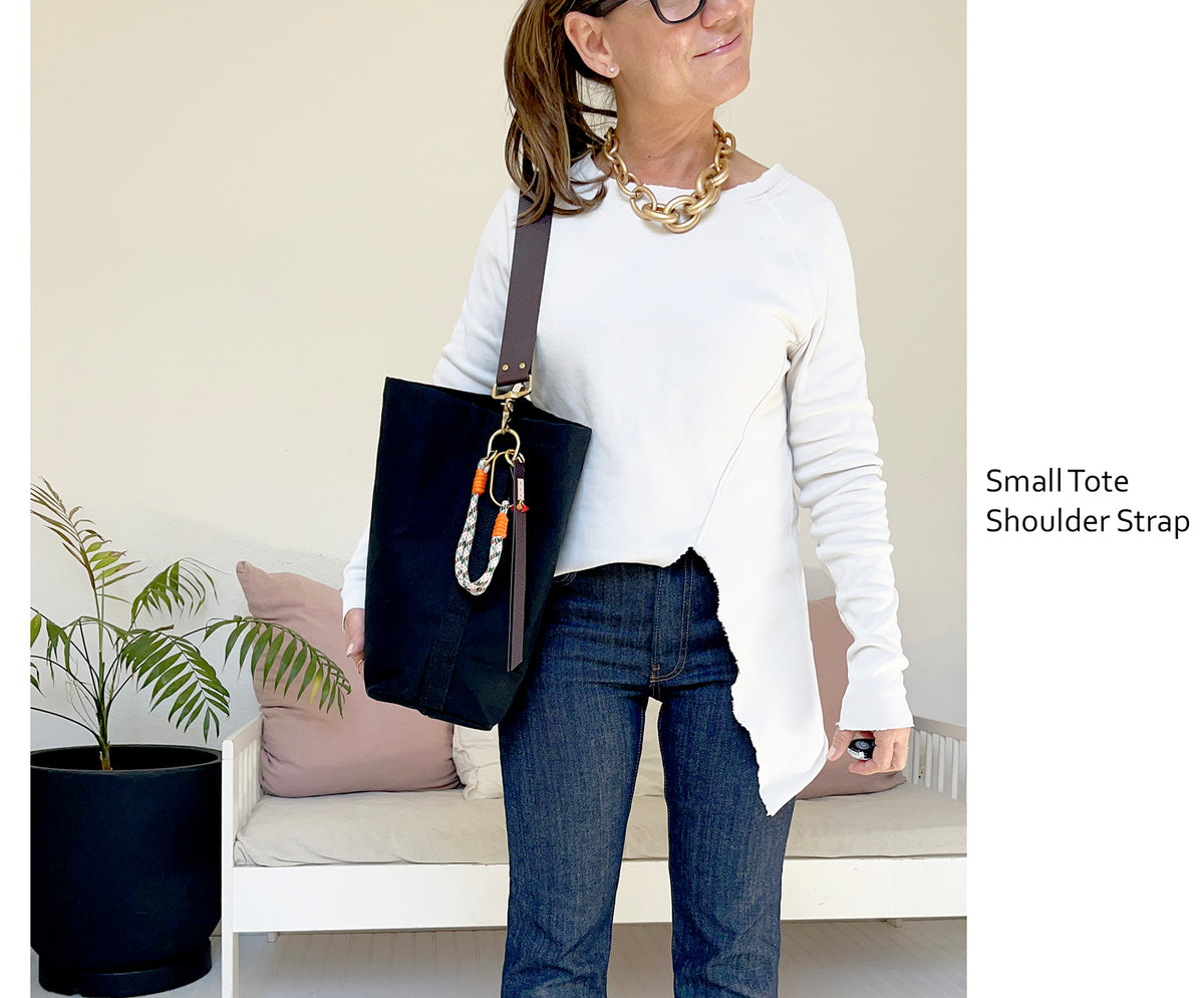Tote Bag Black with Leather Strap Chocolate