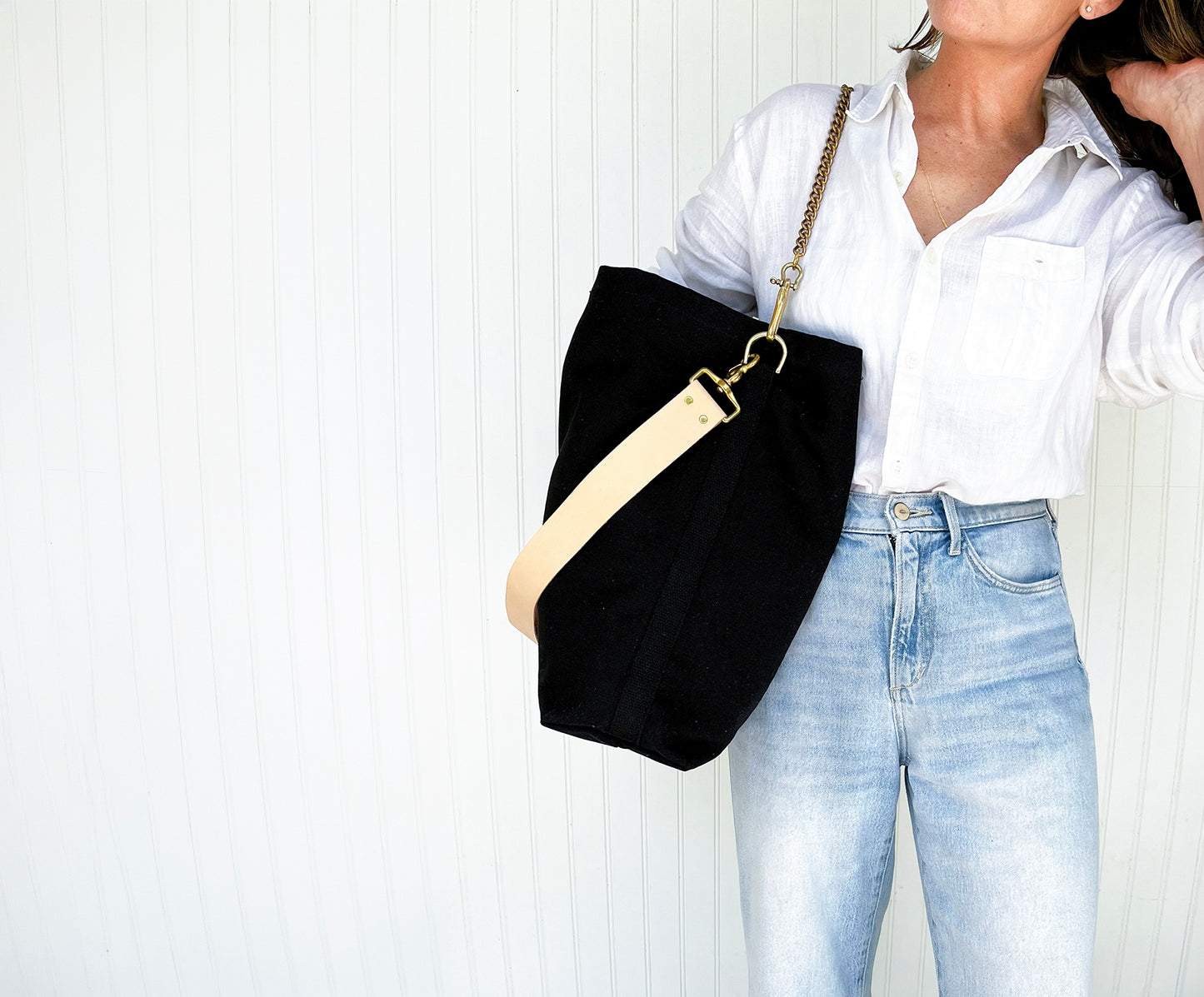 Tote Bag Black with Leather Strap Tan