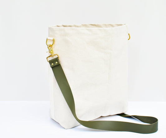 Tote Bag Ivory- Leather Strap Army