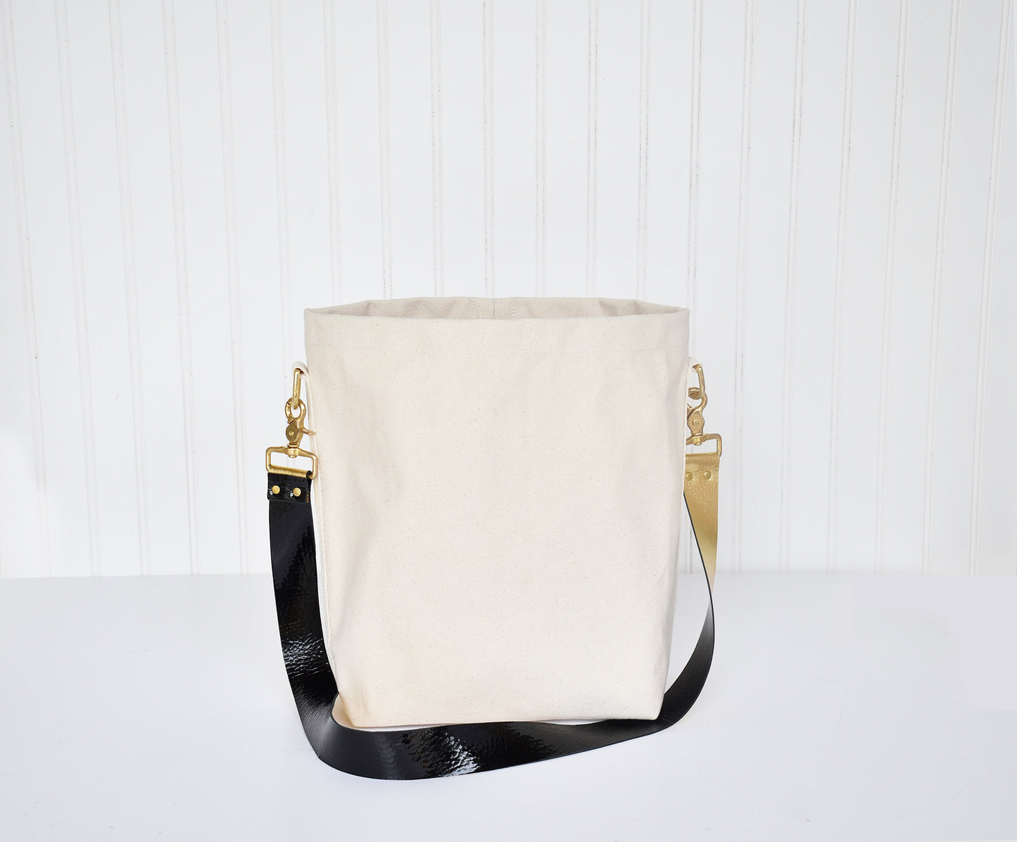 Tote Bag Ivory- Leather Strap Black/Gold