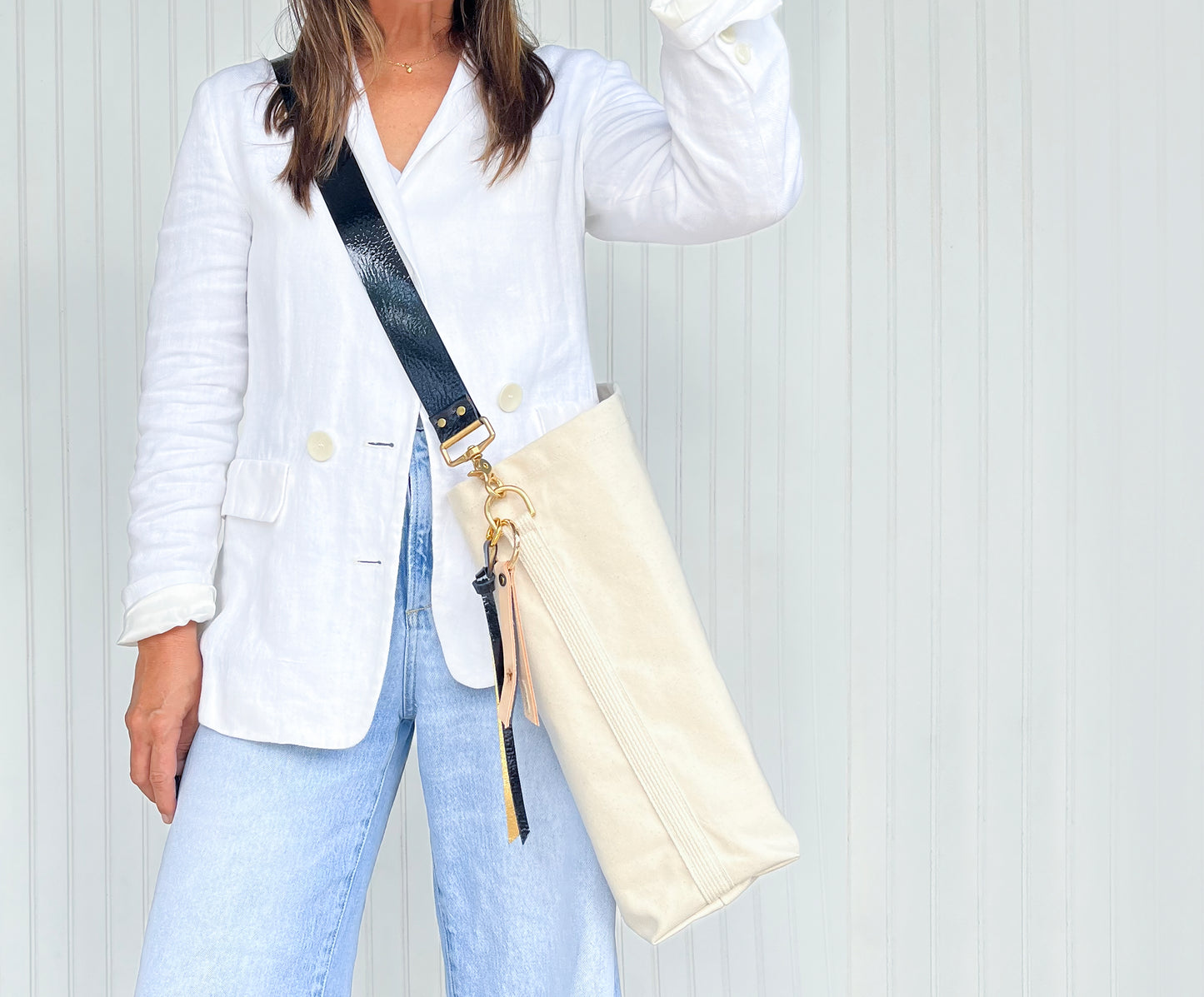 Tote Bag Ivory- Leather Strap Black/Gold