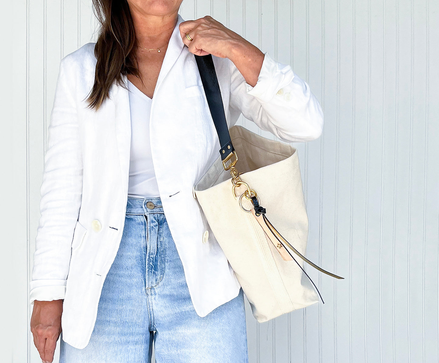 Tote Bag Ivory- Leather Strap Black/Gold
