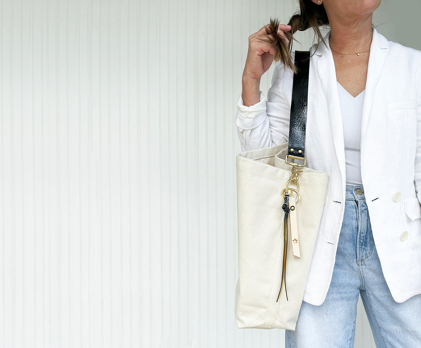 Tote Bag Ivory- Leather Strap Black/Gold