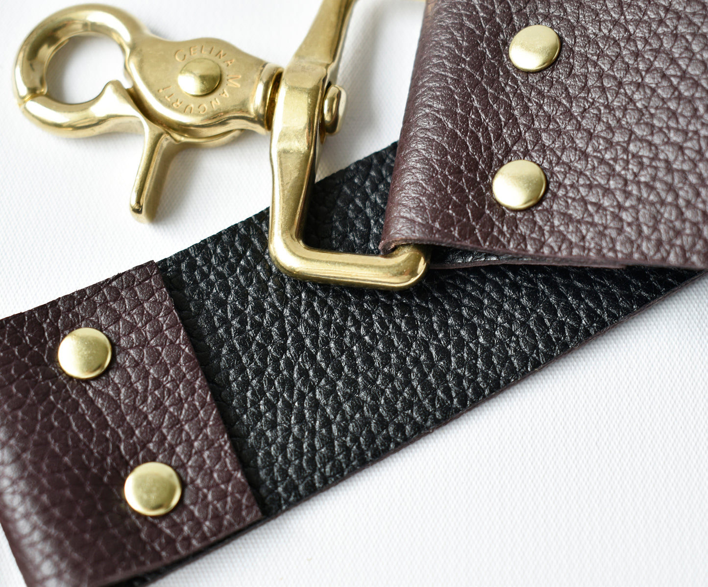 Tote Bag Black- Leather Strap Chocolate