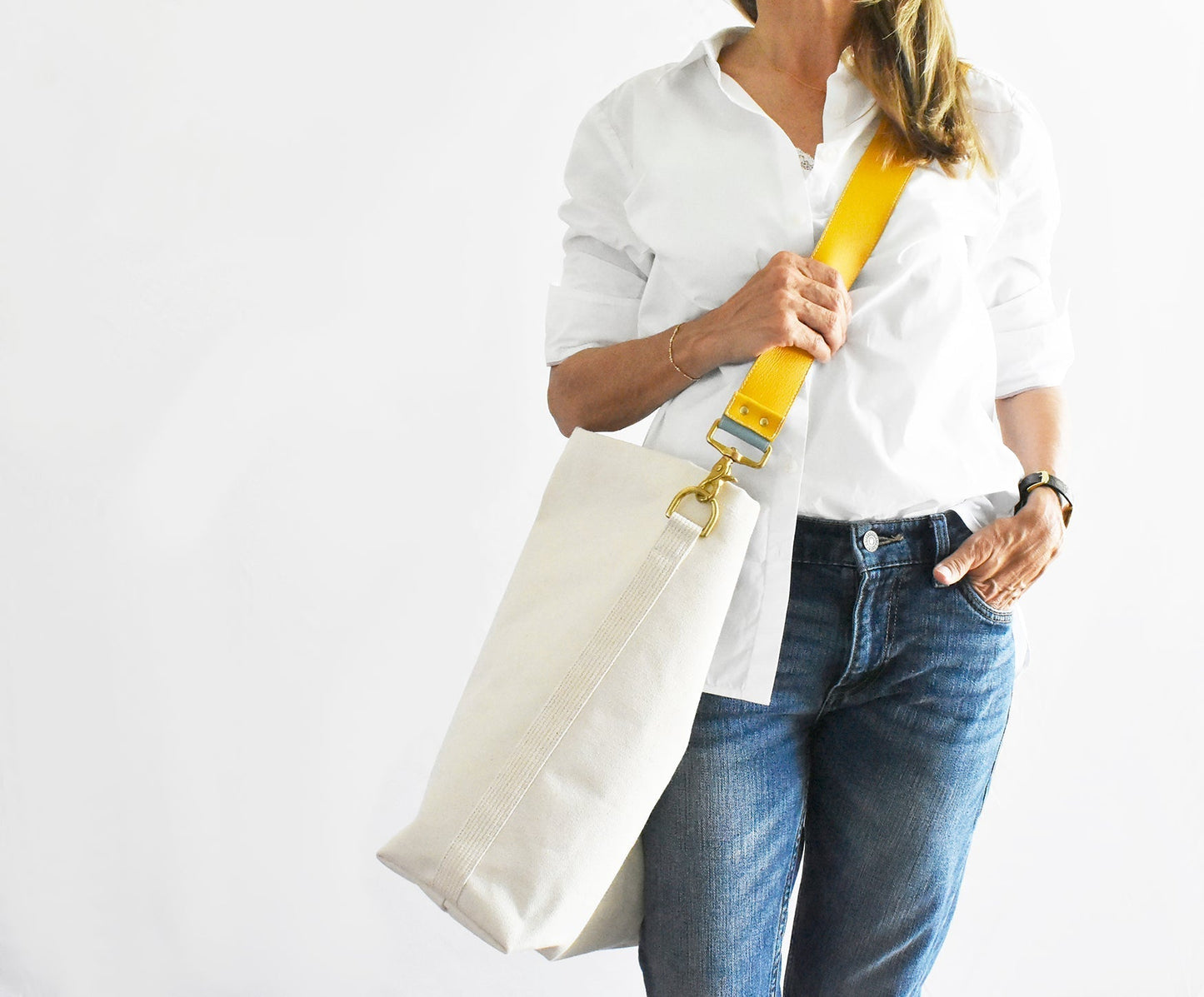 Tote Bag Ivory- Leather Strap Mustard/Turquoise