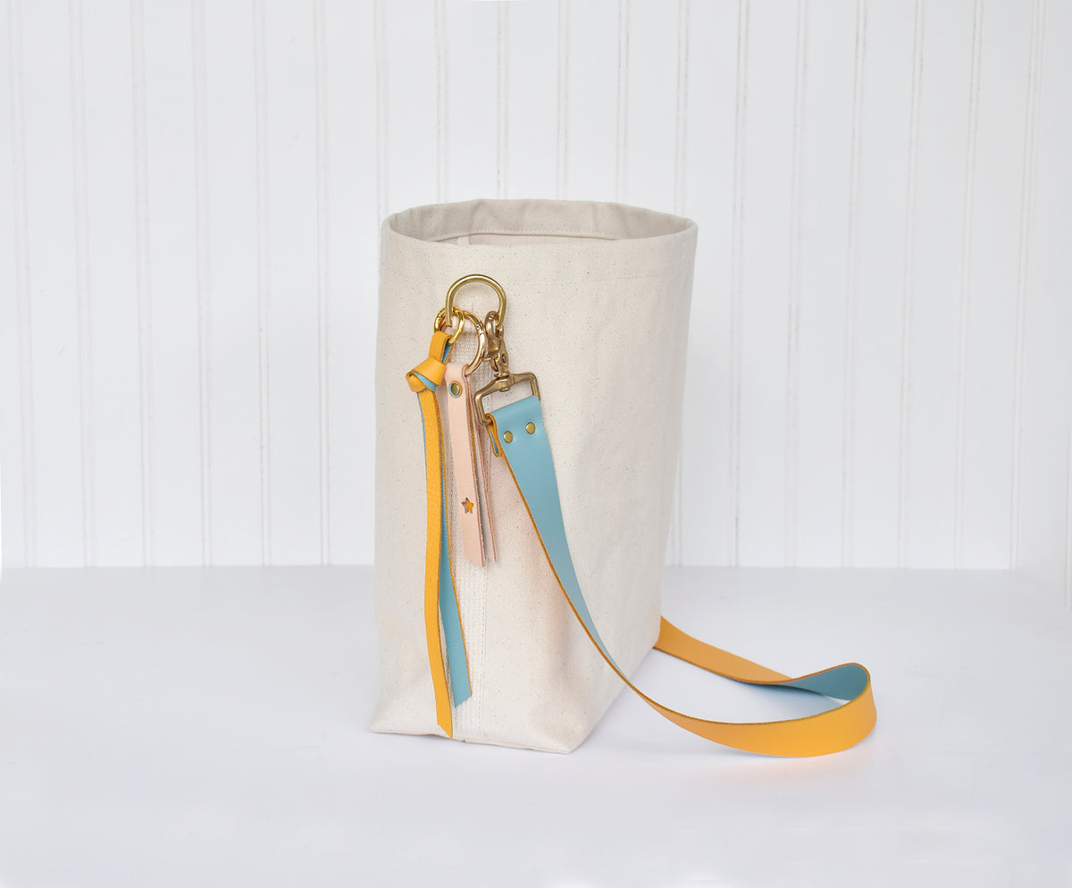 Tote Bag Ivory- Leather Strap Mustard/Turquoise